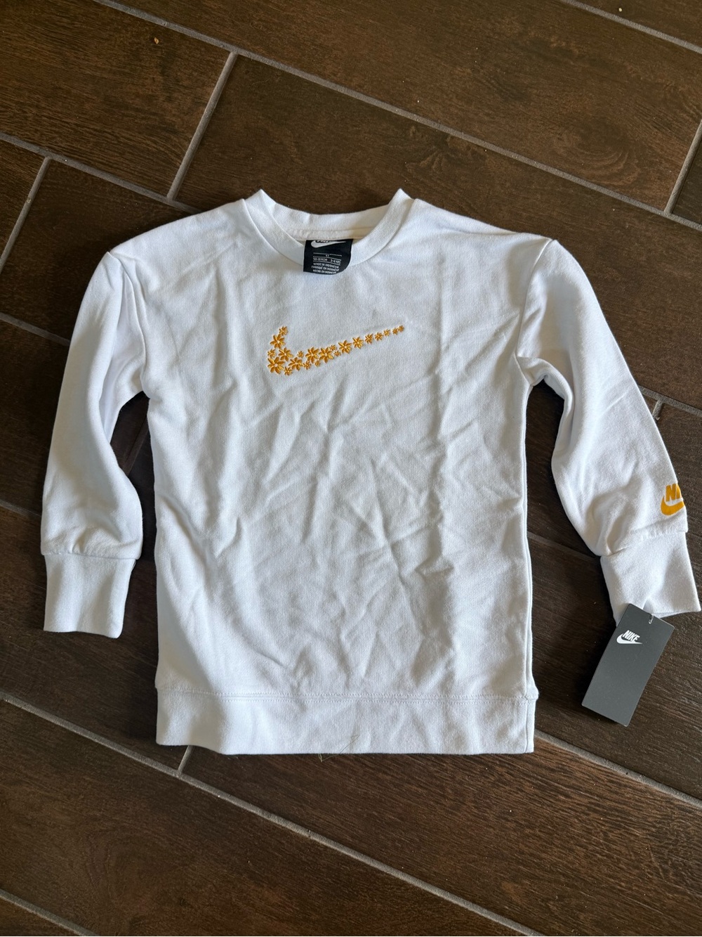 Nike Kids White Crewneck Sweatshirt with Yellow Floral Swoosh